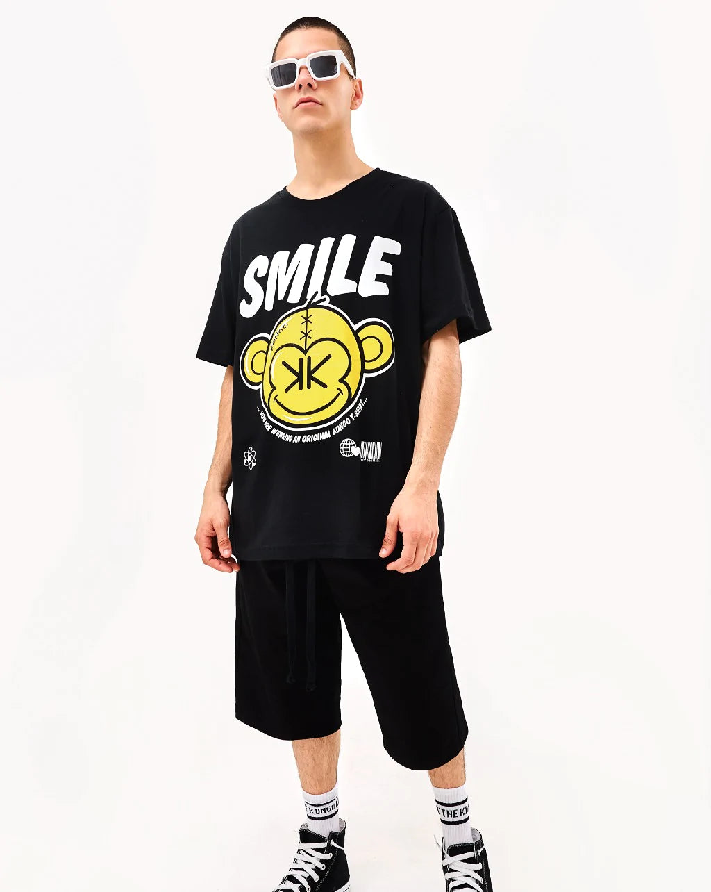 Lightweight Cotton Oversized Monkey Smile Black T-Shirt- Gender Neutral